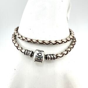 Pandora 925 Sterling Silver White Brown Braided Leather Wrap Charm 13” Bracelet